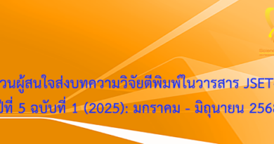 ประชาสัมพันธ์ เชิญชวนผู้สนใจส่งบทความวิจัยตีพิมพ์ในวารสาร JSET-LRU ปีที่ 5 ฉบับที่ 1 (2025): มกราคม – มิถุนายน 2568